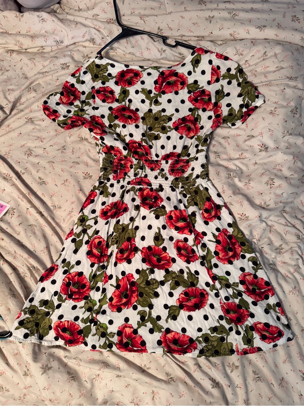 White Dress with Red Poppy Print and Black Polka Dots